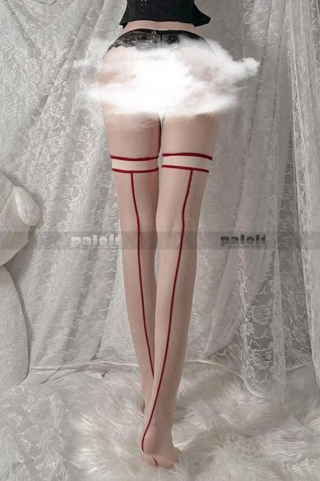 Very sexy transparent seam stockings with black and red back band / Erotic skin-colored stretch suspender stockings / Trendy design stockings