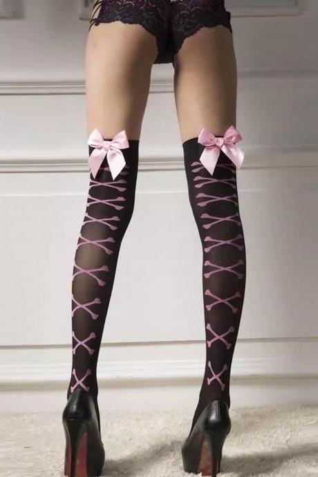 Pink pattern nylon stockings for women / Sexy stockings with butterfly knots / Stretch and resistant multi color stockings / High-end patterned bi-color stockings
