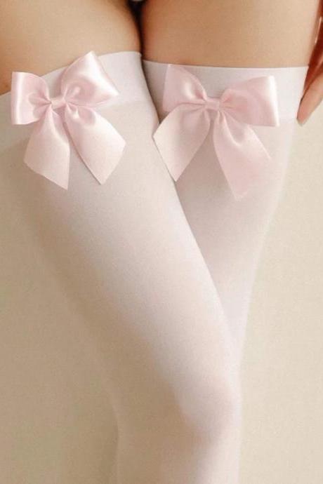 Nylon stockings for women available in White and Black / Trendy and sexy Nylon stockings with pink bow tie / Multi-color designer stockings